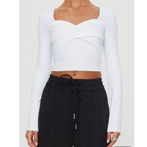 PRINCESS POLLY | NWD White Ruched Dunford Long Sleeve Bodycon Cropped Top, 6